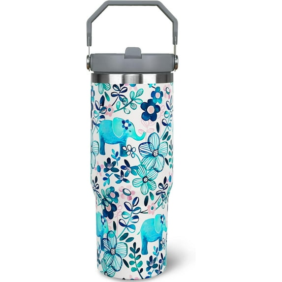 30 oz Elephant Tumbler With Handle and Straw, Insulated Coffee Travel Mug Cup Water Bottle, Flip Straw Tumbler, Gifts for Elephant Lovers Women Girls