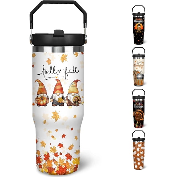 30 oz Fall Tumbler with Lid and Straw, Autumn Leaf and Gnome Hello Fall Flip Straw Tumbler Insulated Coffee Travel Mugs Cup Water Bottle Fall Thanksgiving Gifts for Women Girls