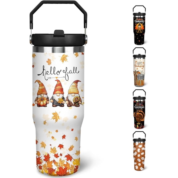 30 oz Fall Tumbler with Lid and Straw, Autumn Leaf and Gnome Hello Fall Flip Straw Tumbler Insulated Coffee Travel Mugs Cup Water Bottle Fall Thanksgiving Gifts for Women Girls