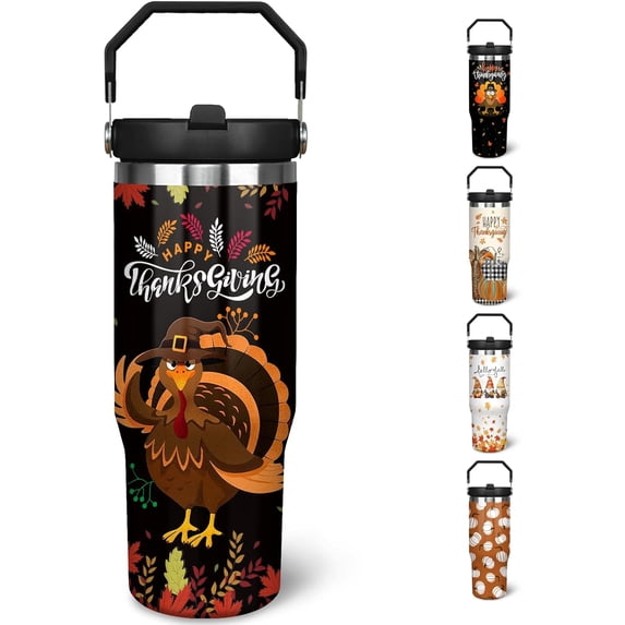 30 oz Fall Tumbler with Lid and Straw, Autumn Leaf and Turkey Flip Straw Tumbler Insulated Coffee Travel Mugs Cup Water Bottle Fall Thanksgiving Gifts for Women Girls