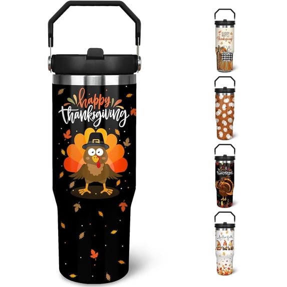 30 oz Fall Tumbler with Lid and Straw, Autumn Leaf and Turkey Flip Straw Tumbler Insulated Coffee Travel Mugs Cup Water Bottle Fall Thanksgiving Gifts for Women Girls