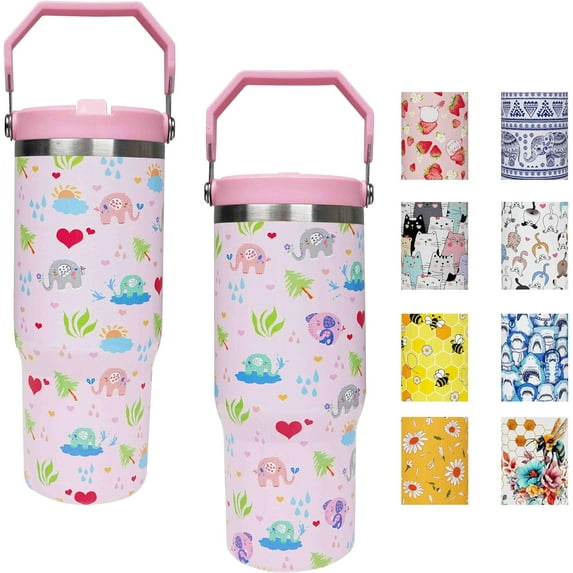 30 oz Flip Straw Tumbler with Top Handle Insulated Resuable Vacuum Tumbler with Flip Straw and Handle for Home Office Car Dishwasher Safe Elephant