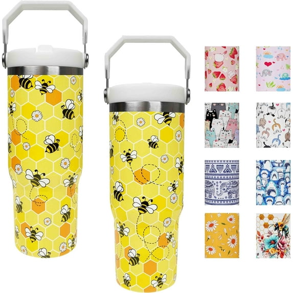 30 oz Flip Straw Tumbler with Top Handle Insulated Resuable Vacuum Tumbler with Flip Straw and Handle for Home Office Car Dishwasher Safe Bee