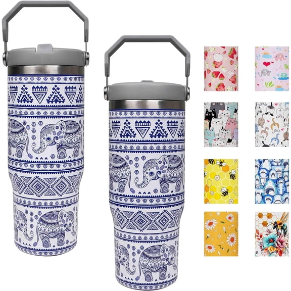 30 oz Flip Straw Tumbler with Top Handle Insulated Resuable Vacuum Tumbler with Flip Straw and Handle for Home Office Car Dishwasher Safe Elephant