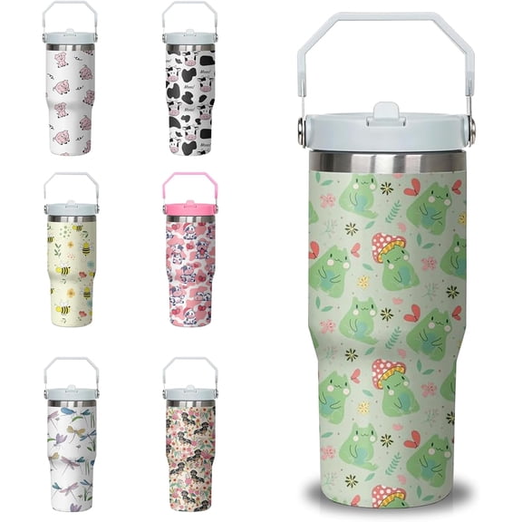30 oz Frog Tumbler with Handle and Flip Straw, Stainless Steel Insulated Cup with Lid and Straw,Travel Coffee Mug Water Bottle,Christmas Birthday Mothers Day Gifts for Women Animal Lovers