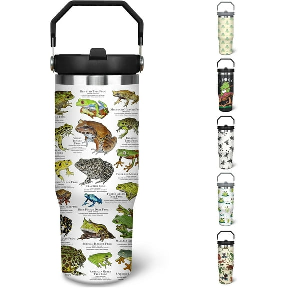 30 oz Frog Tumbler With Handle and Straw, 30oz Frog Flip Straw Tumbler Insulated Coffee Travel Mugs Cup Water Bottle Frog Gifts for Frog Lovers Women Girls