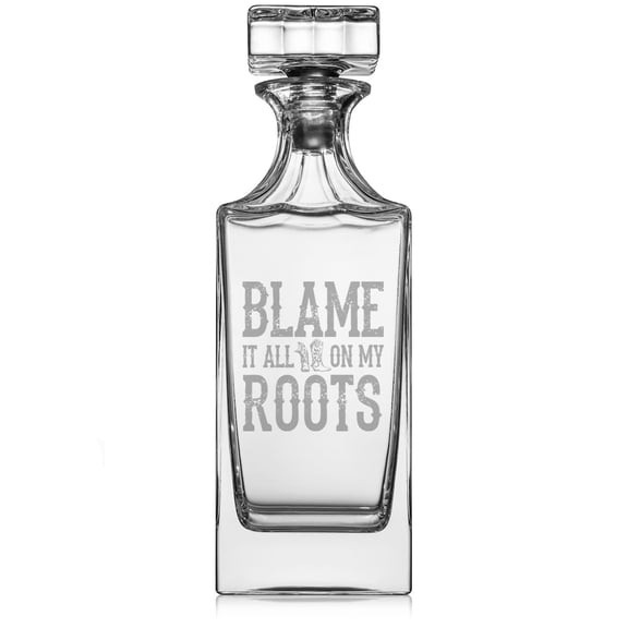 30 oz Glass Whiskey Decanter with Glass Stopper Gift Blame It All On My Roots Cowboy Cowgirl Boots Country Music