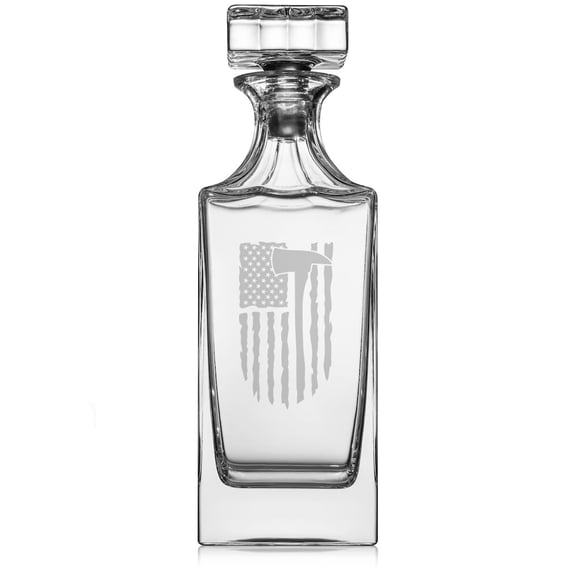 30 oz Glass Whiskey Decanter with Glass Stopper Gift Firefighter Axe American Flag