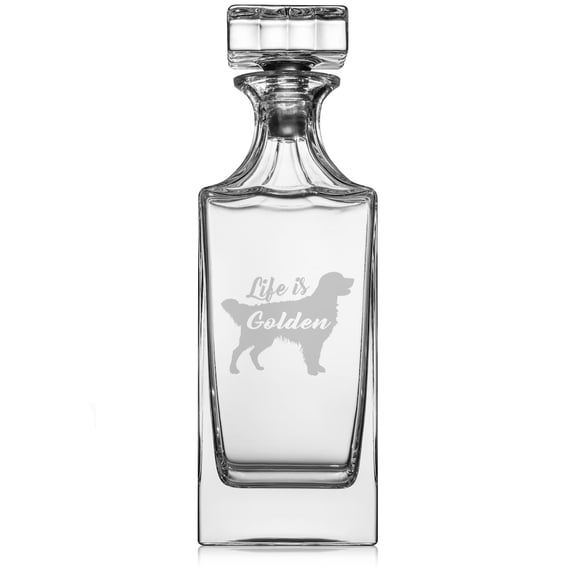 30 oz Glass Whiskey Decanter with Glass Stopper Gift Golden Retriever 'Life is Golden'