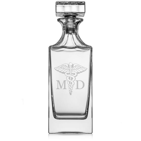 30 oz Glass Whiskey Decanter with Glass Stopper Gift Medical Symbol MD Medical Doctor