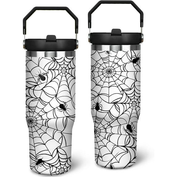 30 oz Halloween Tumbler with Handle and Straw, White Spider Web Stainless Steel Vacuum Insulated Travel Coffee Mug Cup Water Bottle, Halloween Decor Stuff Gifts for Women