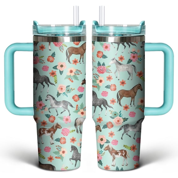30 oz Horse Straw Tumbler with Handle, Cute Floral Horse Insulated Stainless Tumbler Coffee Cups Water Bottle CoffeeTravel,Horses Gifts for Women Horse Lovers Girls