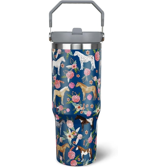 30 oz Horse Tumbler with Handle and Flip Straw, Vacuum Insulated Water Bottle Stainless Steel, Leak Proof Travel Coffee Mug Gifts for Horse Lover, Cute Floral Cup for Home Office Car Outdoors Sports