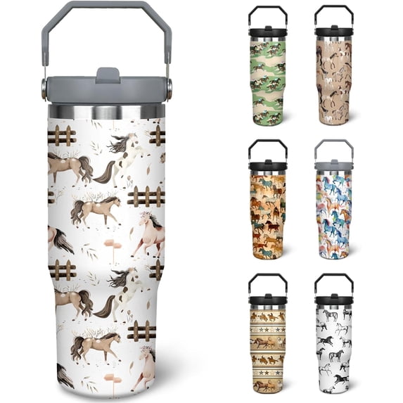 30 oz Horse Tumbler With Handle and Straw, 30oz Horse Flip Straw Tumbler Insulated Coffee Travel Mugs Cup Water Bottle Horse Gifts for Horse Lovers Women Girls