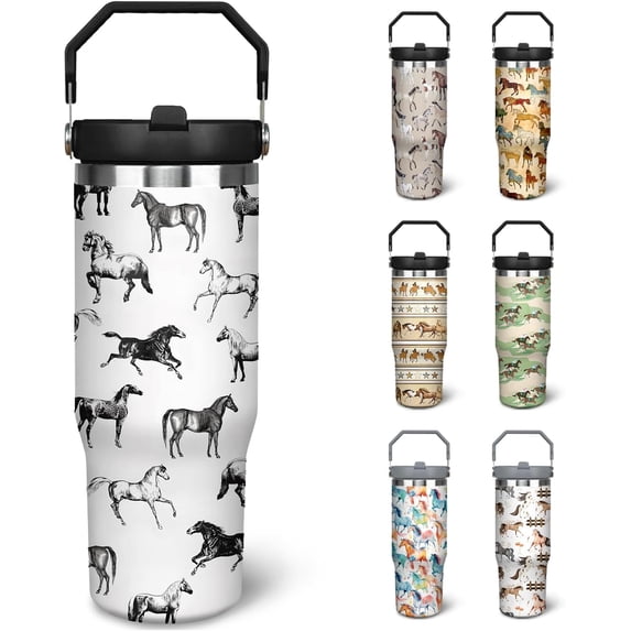 30 oz Horse Tumbler With Handle and Straw, 30oz Horse Flip Straw Tumbler Insulated Coffee Travel Mugs Cup Water Bottle Horse Gifts for Horse Lovers Women Girls