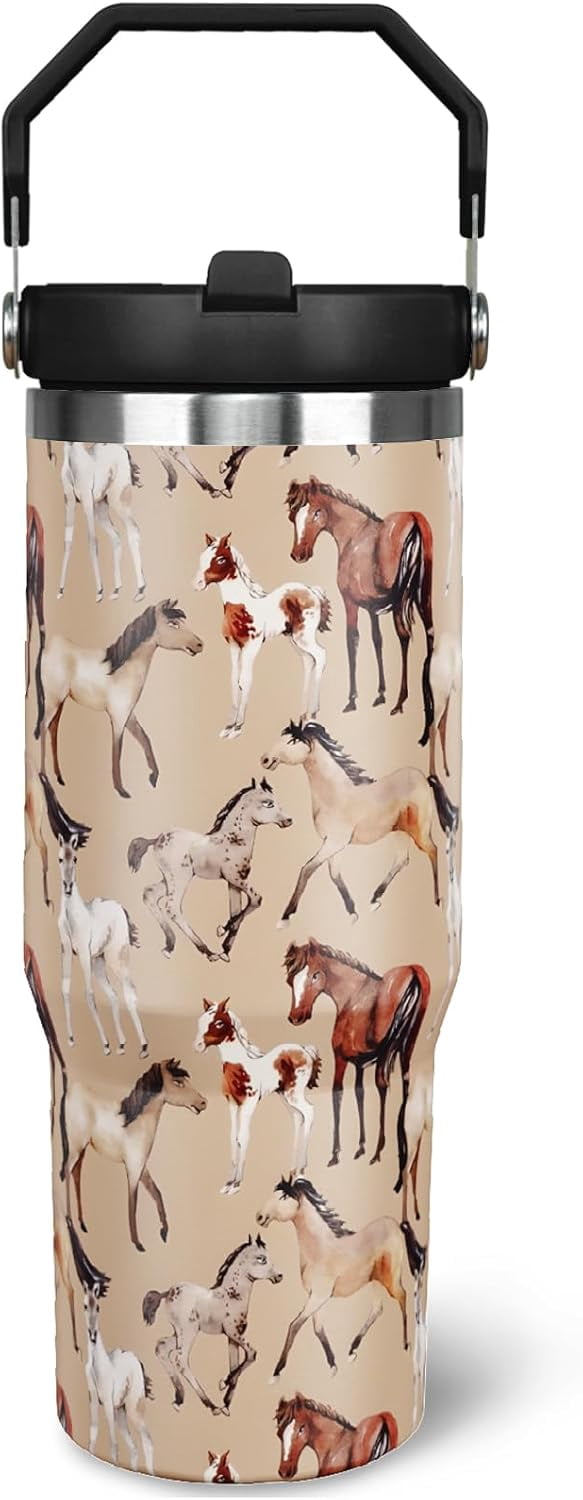 30 oz Horse Tumbler With Handle and Straw, 30oz Flip Straw Tumbler Insulated Coffee Travel Mugs Cup Water Bottle Gifts for Horse Lovers Women Girls