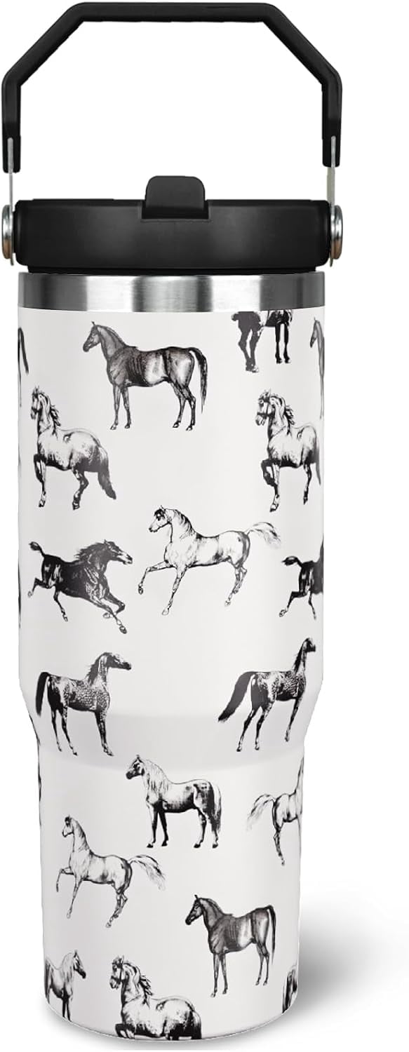 30 oz Horse Tumbler With Handle and Straw, 30oz Flip Straw Tumbler Insulated Coffee Travel Mugs Cup Water Bottle Gifts for Horse Lovers Women Girls