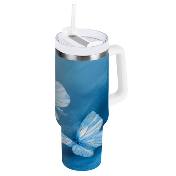 30 oz Insulated Stainless Steel Tumbler Double Wall Stainless Steel Tumbler with 2-Way Drinking Abstract Blue and White Butterfly