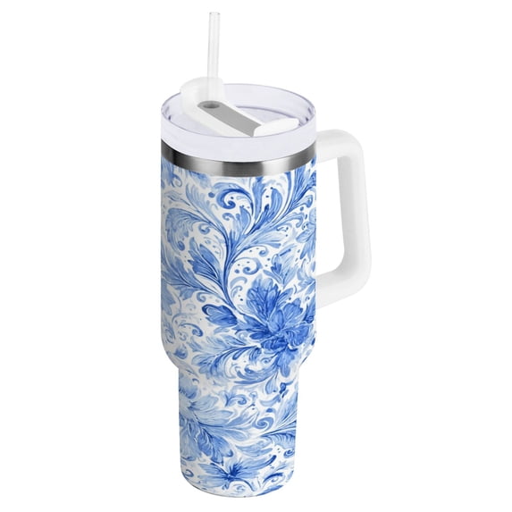 30 oz Insulated Stainless Steel Tumbler Double Wall Stainless Steel Tumbler with 2-Way Drinking Blue Watercolor Floral Pattern