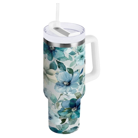30 oz Insulated Stainless Steel Tumbler Double Wall Stainless Steel Tumbler with 2-Way Drinking Blue and Green Flowers