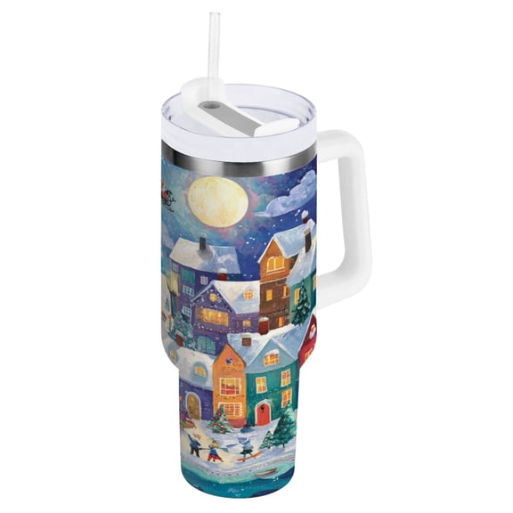 30 oz Insulated Stainless Steel Tumbler Double Wall Stainless Steel Tumbler with 2-Way Drinking Charming Christmas Scene