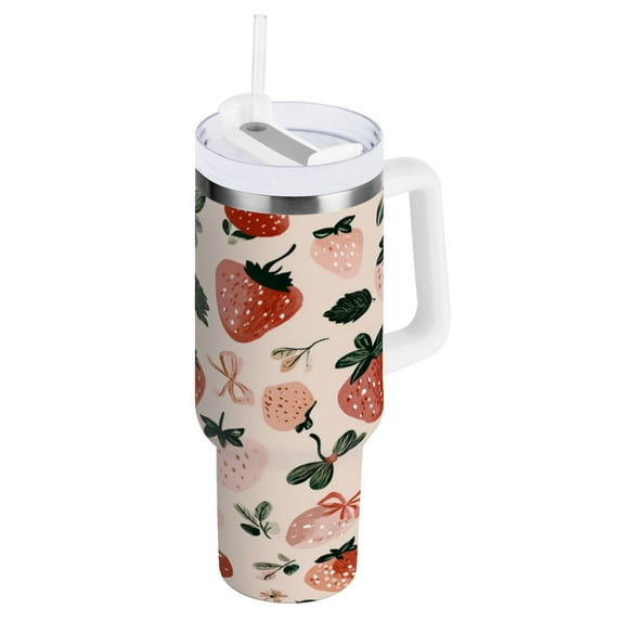 30 oz Insulated Stainless Steel Tumbler Double Wall Stainless Steel Tumbler with 2-Way Drinking Cute Pinks Strawberries