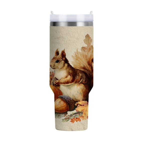 30 oz Insulated Stainless Steel Tumbler Double Wall Stainless Steel Tumbler with 2-Way Drinking Cute Squirrel with Acorns