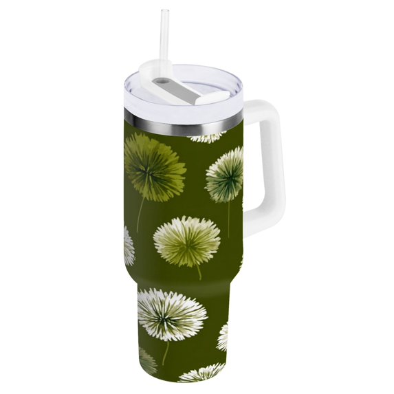 30 oz Insulated Stainless Steel Tumbler Double Wall Stainless Steel Tumbler with 2-Way Drinking Green Dandelions Pattern