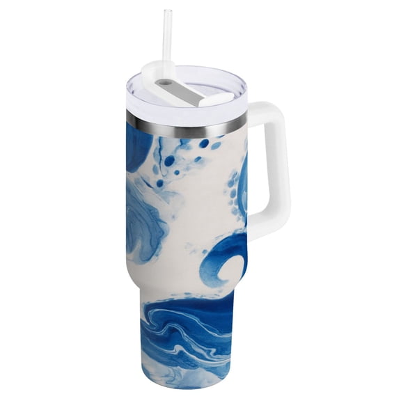 30 oz Insulated Stainless Steel Tumbler Double Wall Stainless Steel Tumbler with 2-Way Drinking Indigo Blue Tie-dye Pattern