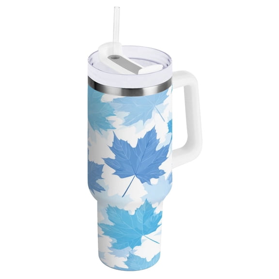 30 oz Insulated Stainless Steel Tumbler Double Wall Stainless Steel Tumbler with 2-Way Drinking Light Blue Maple Leaves