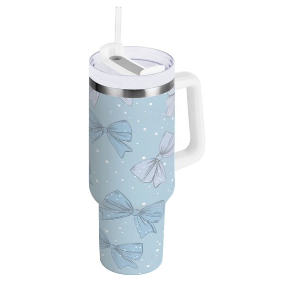 30 oz Insulated Stainless Steel Tumbler Double Wall Stainless Steel Tumbler with 2-Way Drinking Pastel Blue Bows and Dots