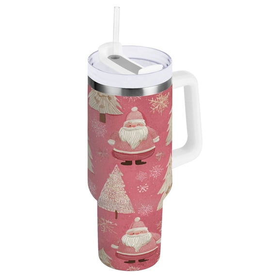 30 oz Insulated Stainless Steel Tumbler Double Wall Stainless Steel Tumbler with 2-Way Drinking Pink Santa Claus Pattern