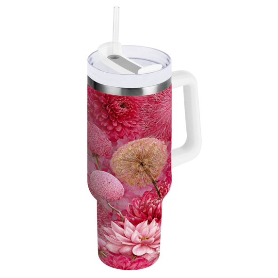 30 oz Insulated Stainless Steel Tumbler Double Wall Stainless Steel Tumbler with 2-Way Drinking Red Chrysanthemum and Dandelion