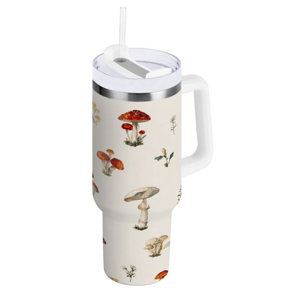 30 oz Insulated Stainless Steel Tumbler Double Wall Stainless Steel Tumbler with 2-Way Drinking Watercolor Mushrooms Pattern
