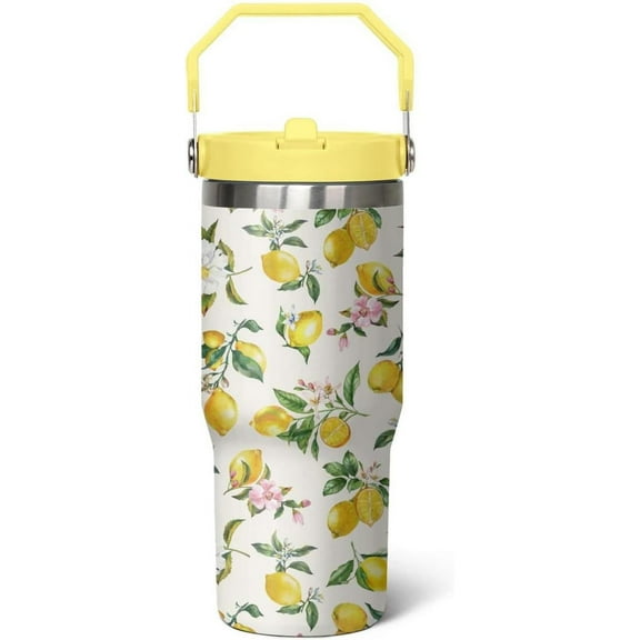 30 oz Lemon Flip Tumbler with lid and Straw, Lemon Gifts for Women, Coffee Travel Mug Cup Water Bottle
