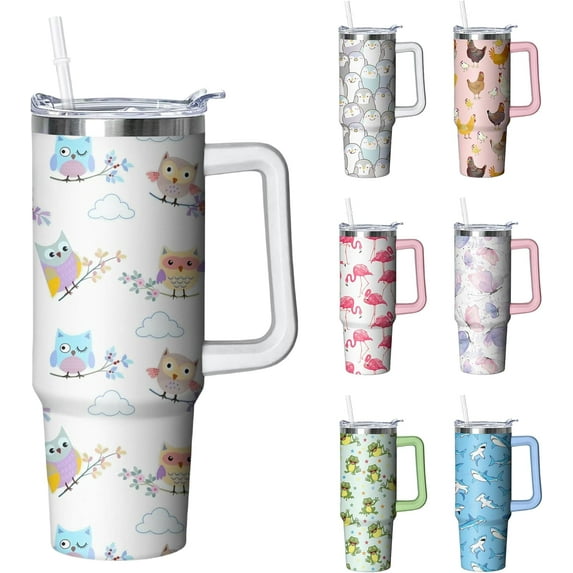 30 oz Owl Tumbler with Handle and Straw, Insulated Stainless Steel Cup with Lid, Travel Coffee Mug Water Bottle, Gifts for Woman Animal Lovers