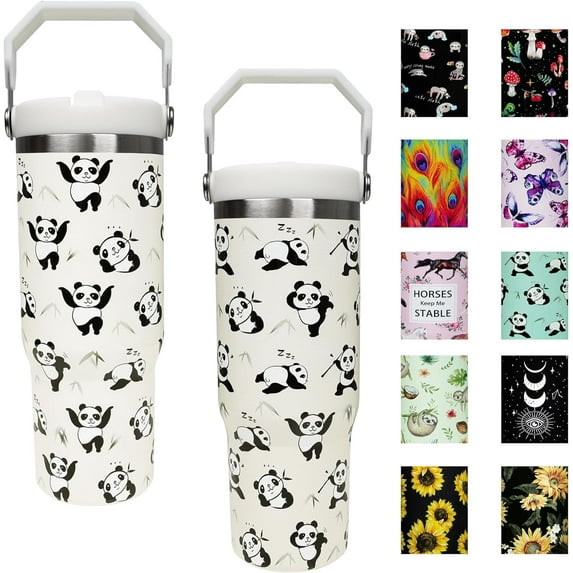 30 oz Panda Flip Straw Tumbler with Top Handle for Panda Lover Resuable Vacuum Insulated Flip Top Water bottle for Home Office Car White Panda