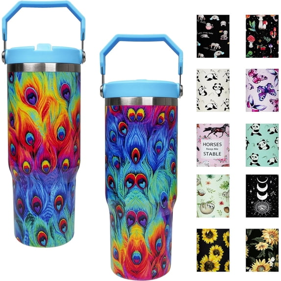 30 oz Peacock Flip Straw Tumbler with Top Handle for Peacock Lover Resuable Vacuum Insulated Flip Top Water bottle for Home Office Car Dishwasher Safe Colorful Peacock