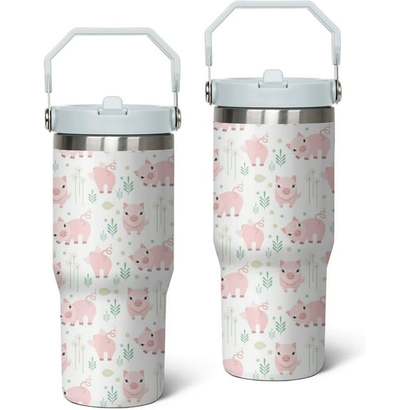 30 oz Pig Tumbler with Handle, Large Insulated Tumbler with Flip & Straw Coffee Mug Cup Stainless Steel Gifts for Women Men Youth