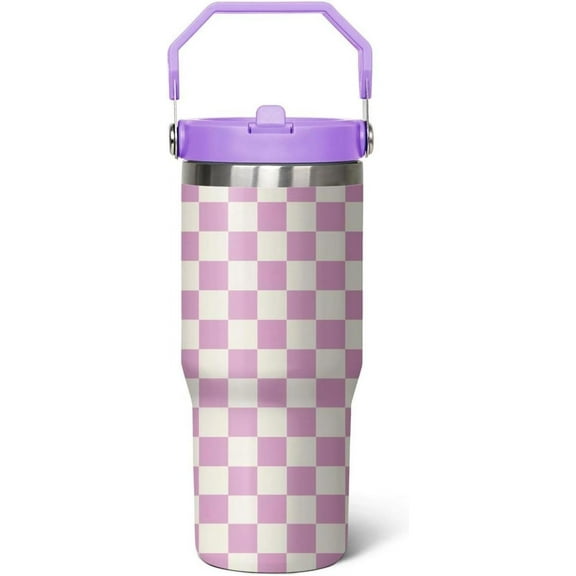 30 oz Purple Checkered Flip Tumbler With Lid and Straw,Checkered CoffeeTravel Mug Cup Water Botter,Checkered Gifts for Women,Checkered Stuff Decor Accessories
