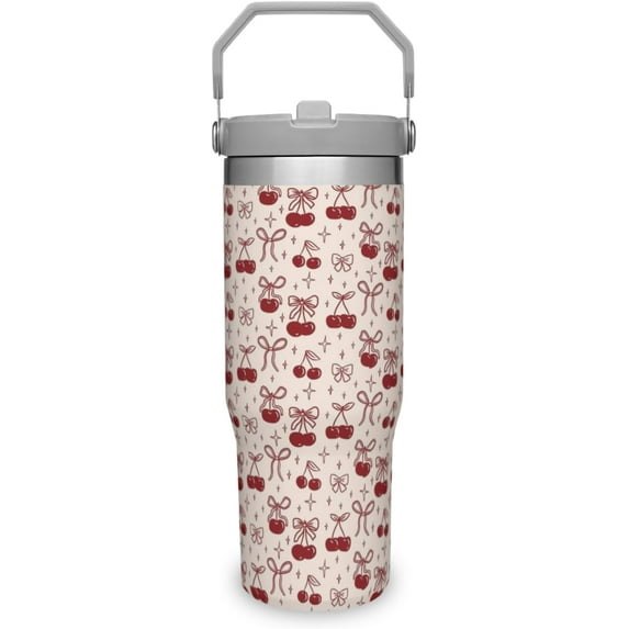 30 oz Red Cherry Stainless Steel Flip Handle Tumbler Cup,Double Wall Vacuum Insulated Bow Mug with Straw,Lid,Travel Leakproof Water Bottle,Holiday Gift for Women,Her(Style-04)