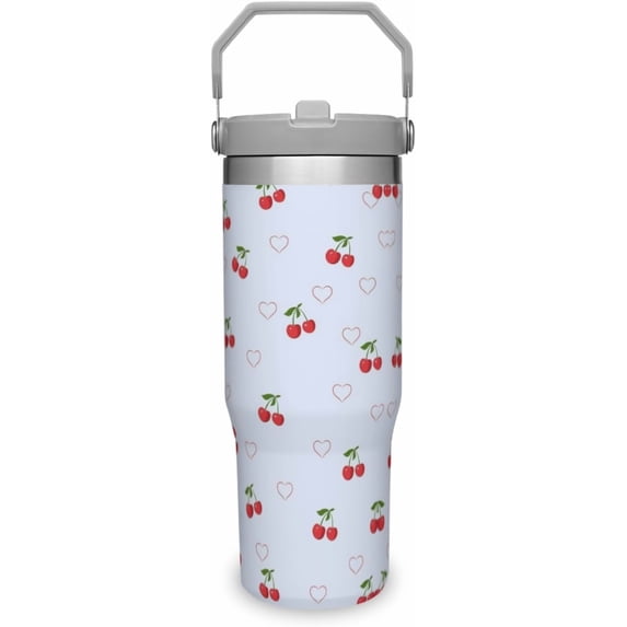 30 oz Red Cherry Stainless Steel Flip Handle Tumbler Cup,Double Wall Vacuum Insulated Bow Mug with Straw,Lid,Travel Leakproof Water Bottle,Holiday Gift for Women,Her(Style-04)