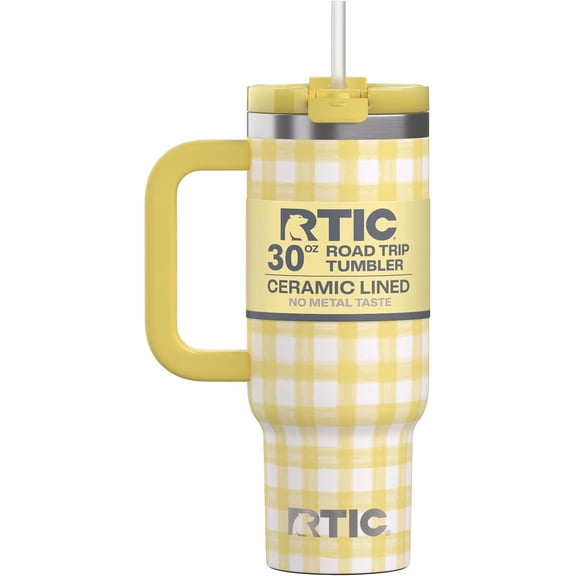 30 oz Road Trip Tumbler Double-Walled Ceramic Lined InsulatedStainless Steel Portable Travel Coffee Mug Cup with Lid, Handle and Straw, Sunlight Gingham