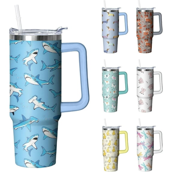 30 oz Shark Tumbler with Handle and Straw, Insulated Stainless Steel Cup with Lid, Travel Coffee Mug Water Bottle, Gifts for Woman Animal Lovers