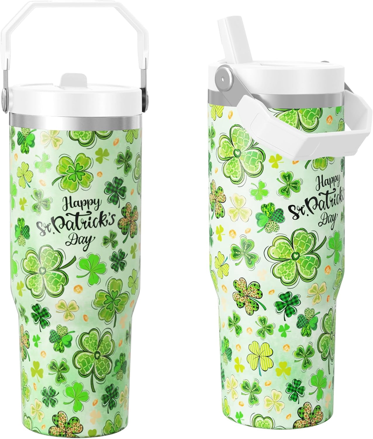 30 oz St. Patricks Day Tumbler with Straw Handle, Happy St. Patricks Day Shamrock Gifts for Women Men, Stainless Steel Insulated Water Bottle Coffee Cups for Home Office Travel