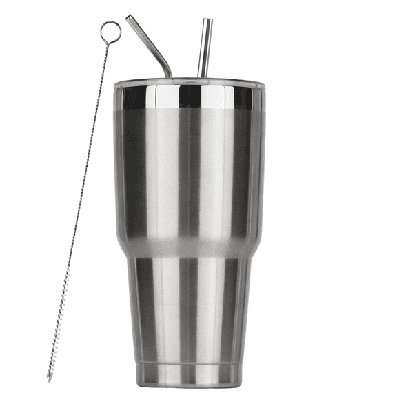 30 oz Stainless Steel Insulated Tumbler with Spill-Proof Lid and 2 Straws, Double-Wall Vacuum, Brushed Finish