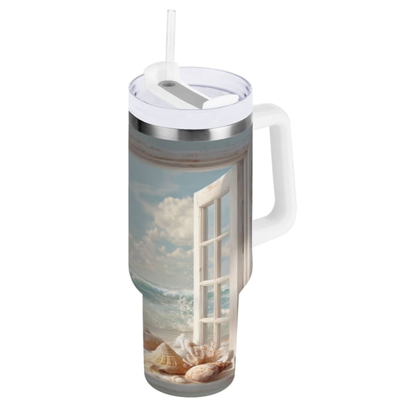 30 oz Stainless Steel Tumbler Vacuum Insulated Leak Proof Stainless Steel Coffee Cup Water Bottles Beach Open Window View