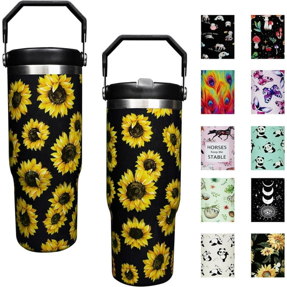 30 oz Sunflower Flip Straw Tumbler with Top Handle for Sunflower Lover Resuable Vacuum Insulated Flip Top Water bottle for Home Office Car Sunflower