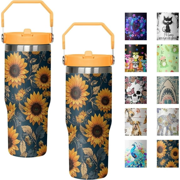30 oz Sunflower Orange Flip Straw Tumbler with Top Handle for Sunflower Orange Lover Resuable Vacuum Insulated Flip Top Water bottle for Home Office Car