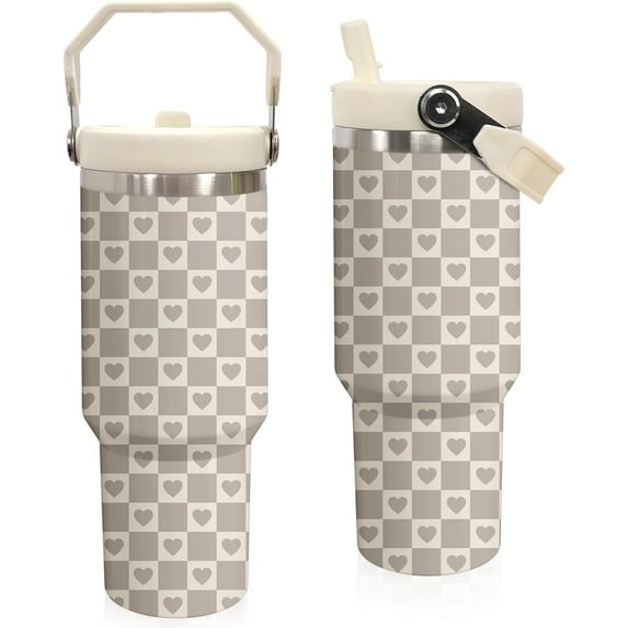 30 oz Tumbler with Handle Flip Straw Leak Proof - Checkered Heart Cup 30oz Tumbler Travel Coffee Mug with Handle - Birthday Gifts for Women Checkered Heart Lovers 30 Ounce Stainless Steel Cup